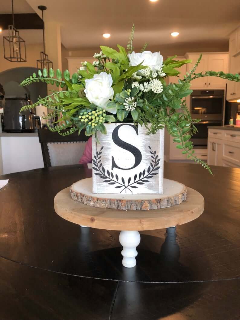 Wooden Initial Box Planter Stand Centerpiece