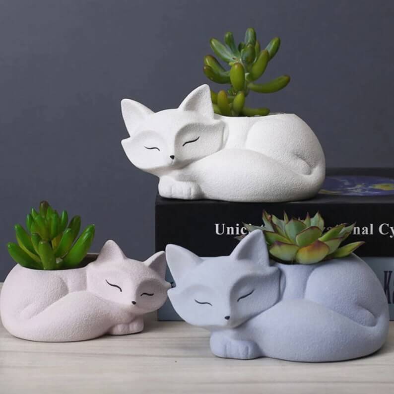 Naturally Textured Slumbering Fox Succulent Planters