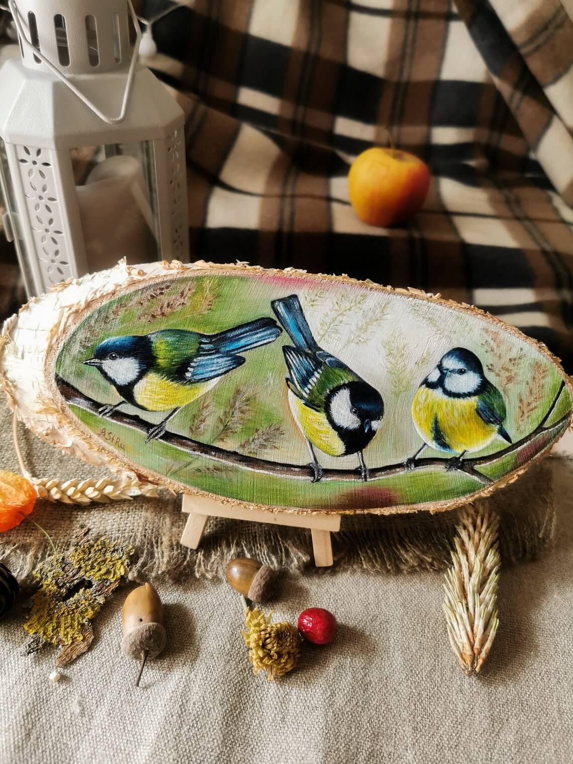 Original Chickadee Wood Slice Painting