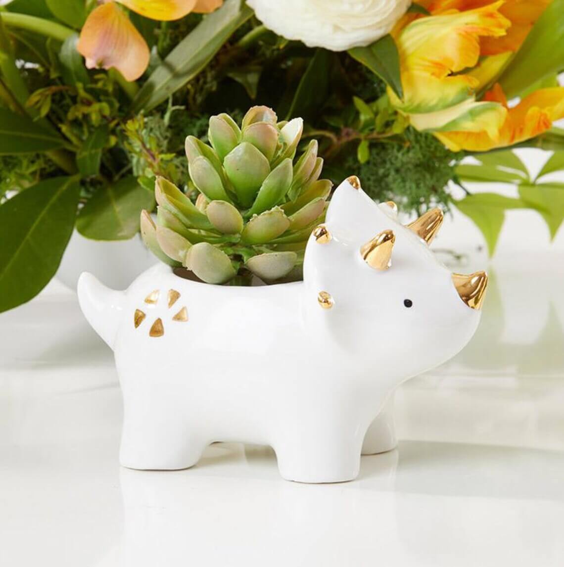 Adorable White Dinosaur Planter with Gold Foil