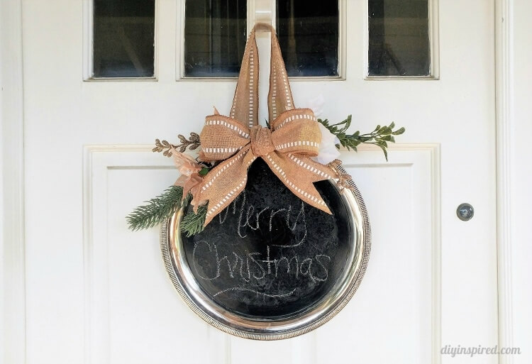 Repurposed Chalkboard Silver Platter Wreath