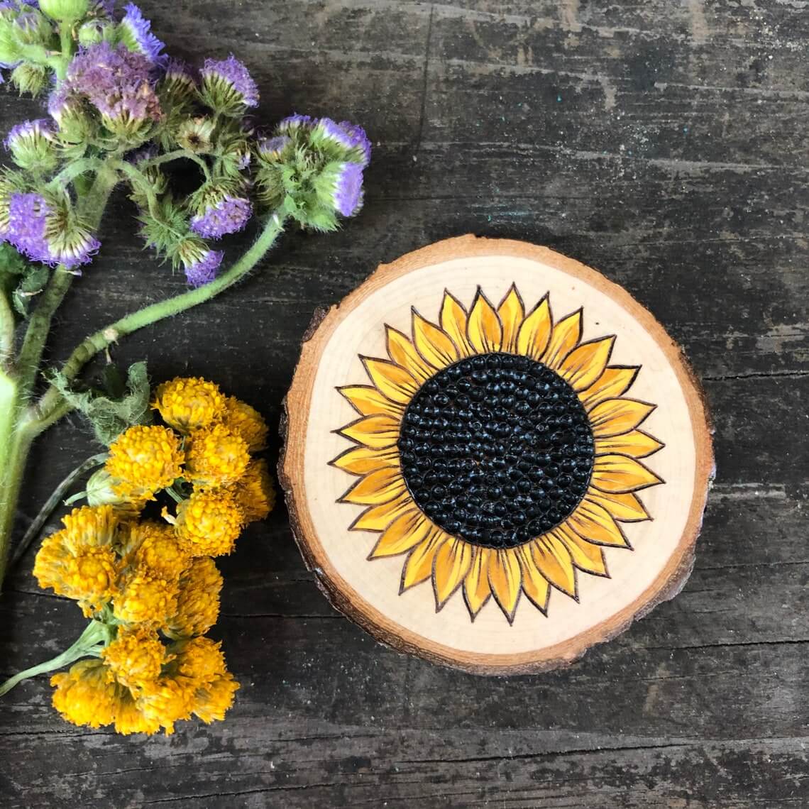 Wood Burned Wood Slice Sunflower Magnet