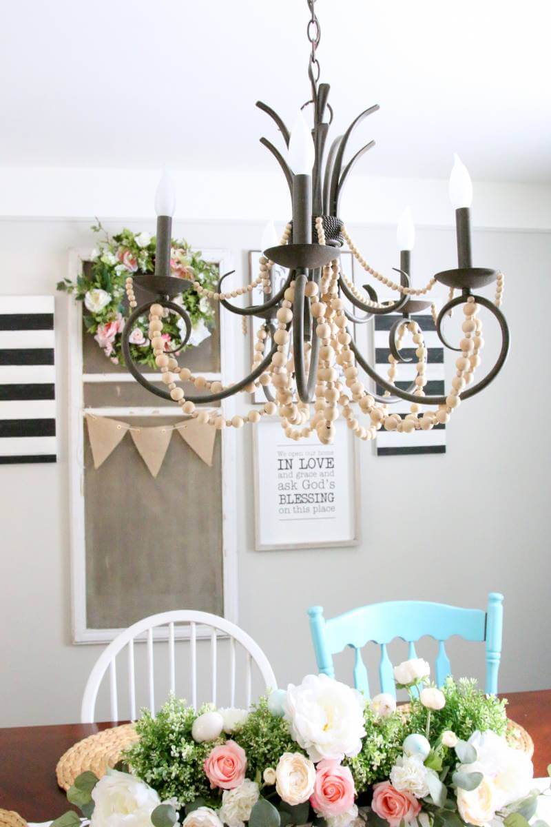 Dark Bronze Metal and Wood Bead Chandelier