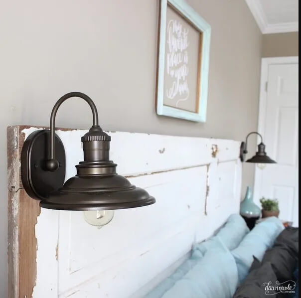 Barn Light Bed Sconces and Door Headboard