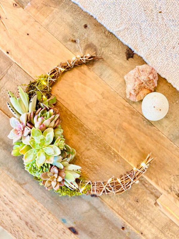 Lit Crescent Moon Succulent Wreath