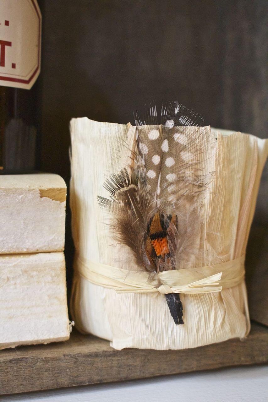 DIY Corn Husks and Feather Votives