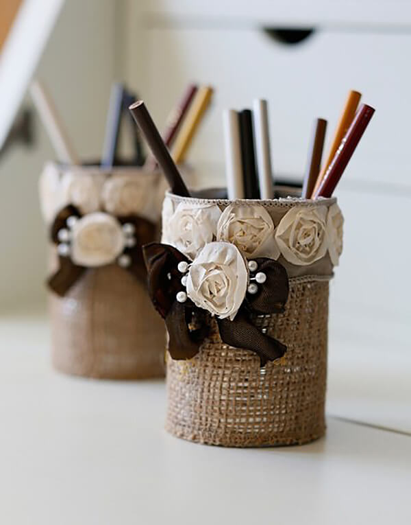 Chic Burlap Covered Pencil Holder