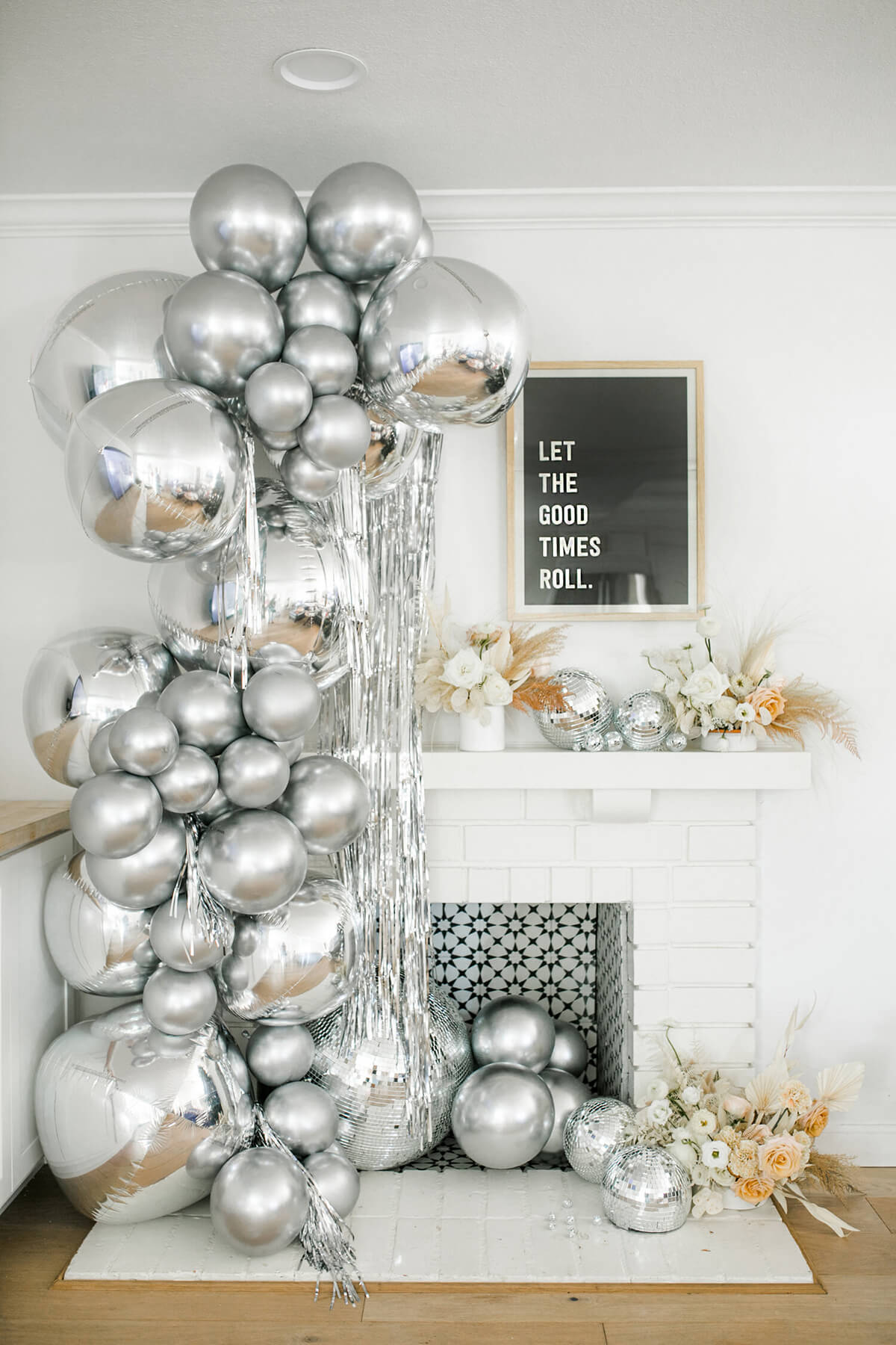 Silver Balloon and Disco Ball Fireplace Scene