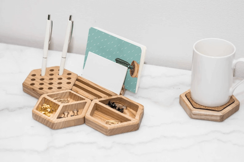 Modular Oak Hexagon Organizer Set